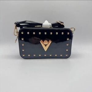 NWT Valentino Orlandi Black Patent Studded Camera Crossbody Bag Gold V Logo